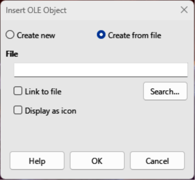 Insert OLE Object dialog — Create from file page