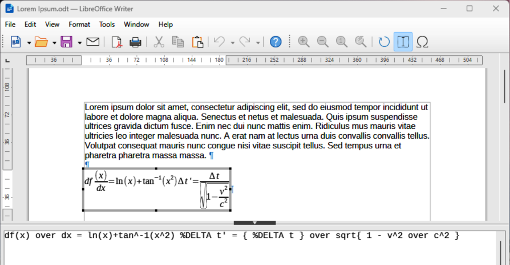 Example formula selected for editing in Writer