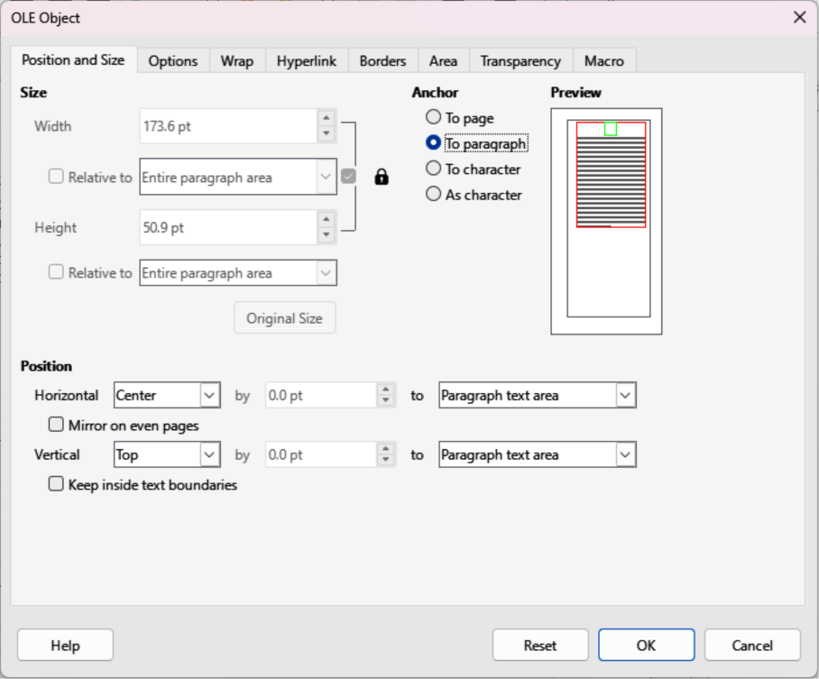 OLE Object dialog — Position and Size page