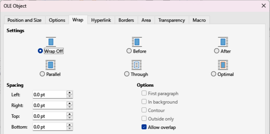 OLE Object dialog — Wrap page
