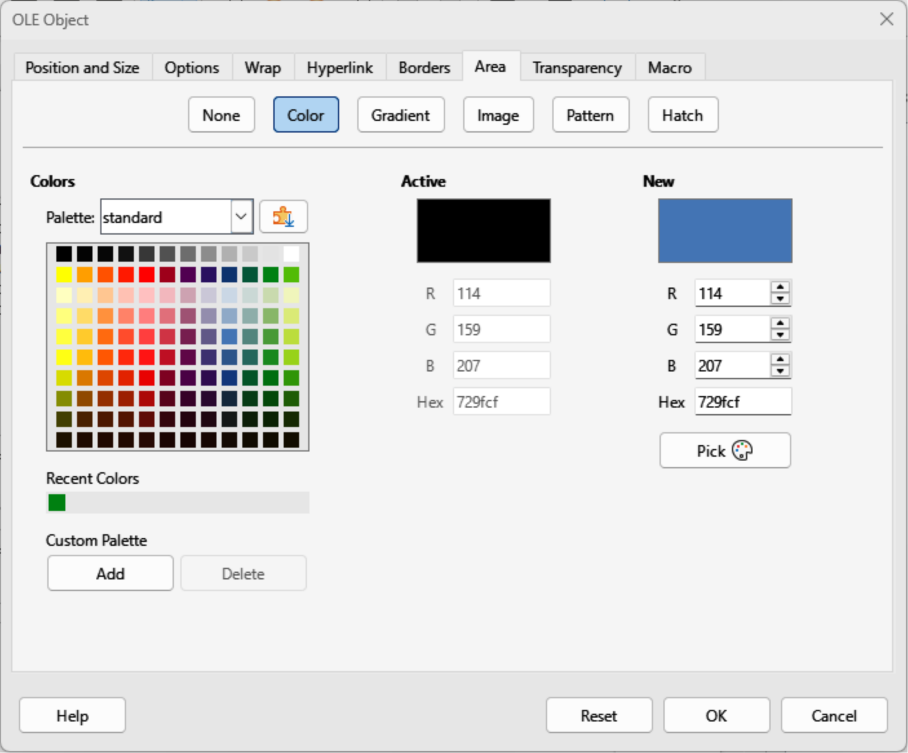 OLE Object dialog — Area page