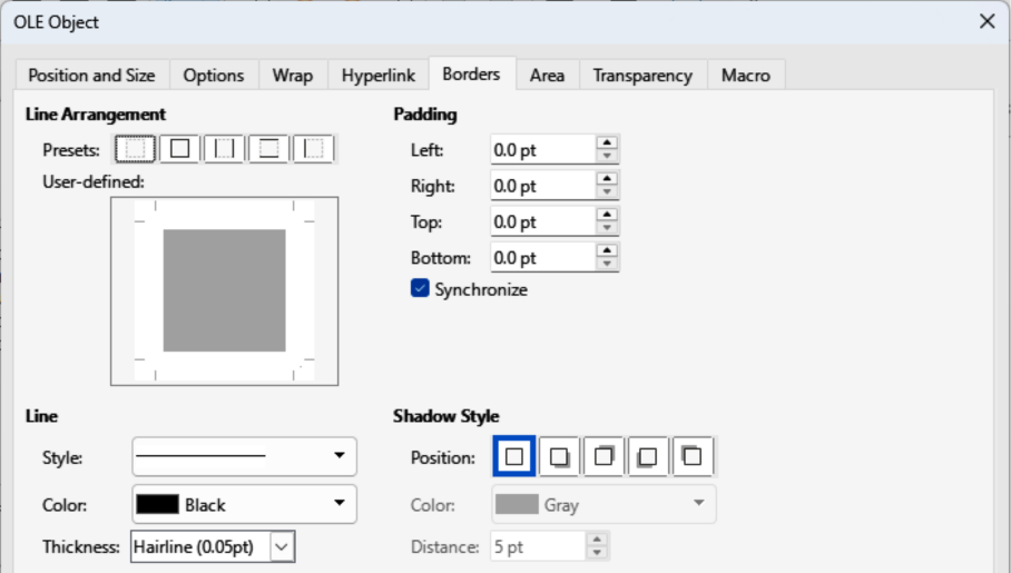 OLE Object dialog — Borders page