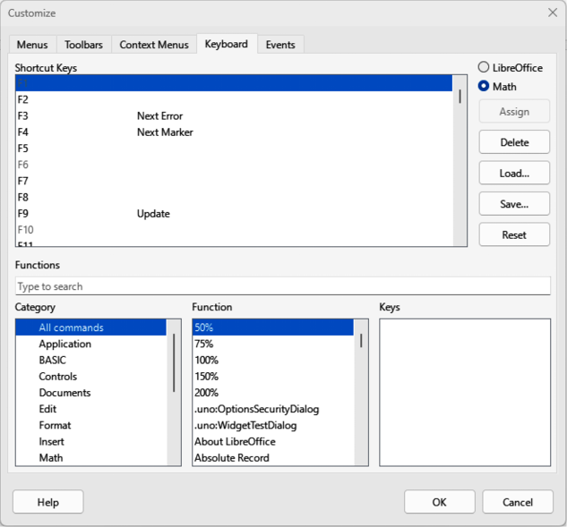 Customize dialog — Keyboard page