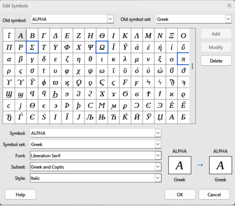 Edit Symbols dialog