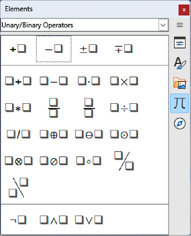 Sidebar Elements panel — Unary/Binary Operators page