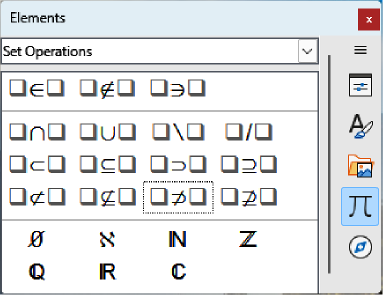 Elements panel in Sidebar — Set Operations page
