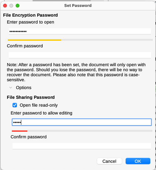 Set password dialog provides two levels of password protection