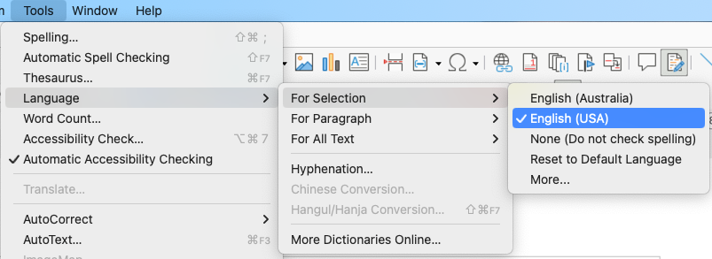 Options available through Tools > Language on the Menu bar