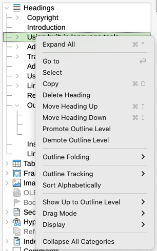 Context menu for headings in the Navigator