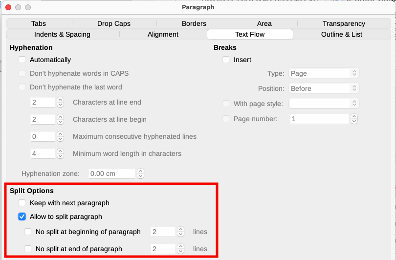 Text Flow tab of Paragraph dialog