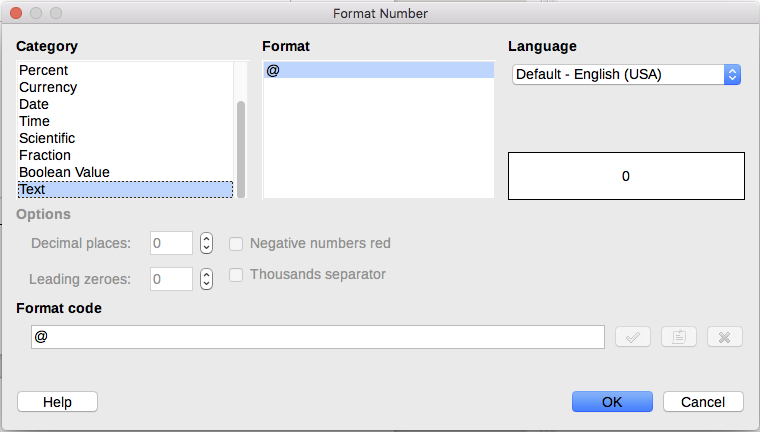 Figure 11: Setting number format to Text…