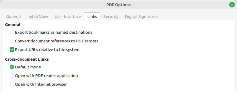 Links tab of PDF Options dialog