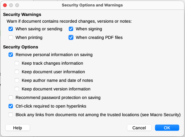 Set security options and warnings