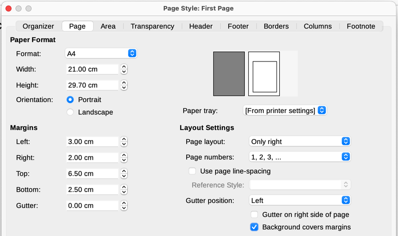 Setting page margins and layout for the First Page style