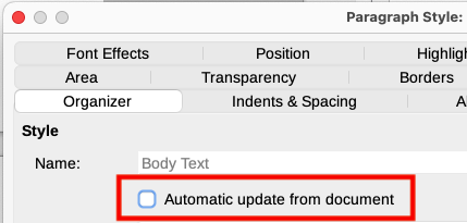 Automatic update option on the Organizer tab of the Paragraph Style dialog
