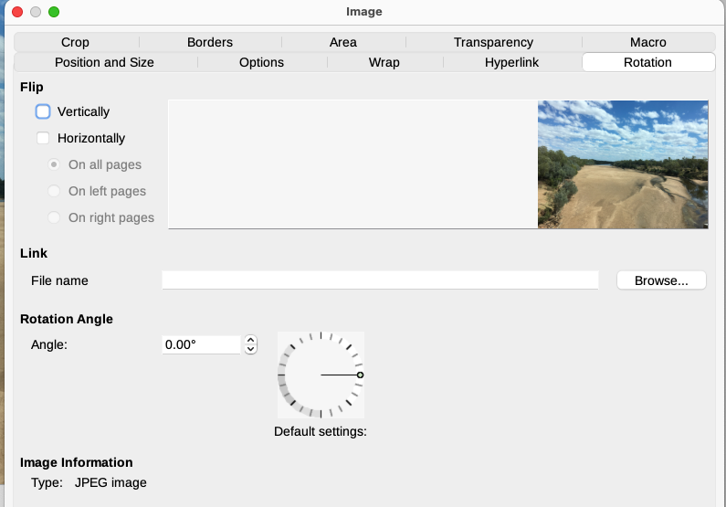 Use the Rotation tab of the Image dialog to flip, link, or rotate an image