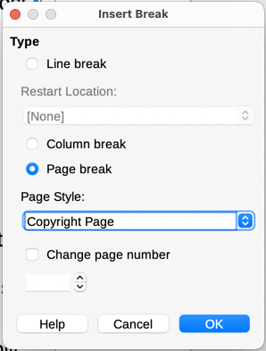 Inserting a page break between the title page and the copyright page