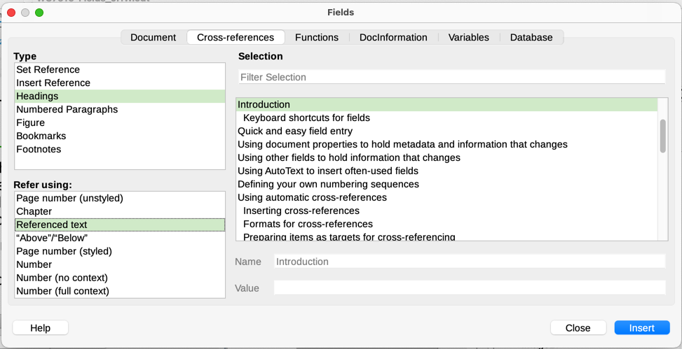 Cross-references tab of the Fields dialog