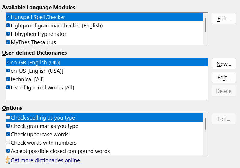 Choosing languages, dictionaries, and options for checking spelling