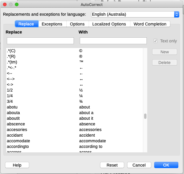 Figure 20: Replace tab of AutoCorrect di…