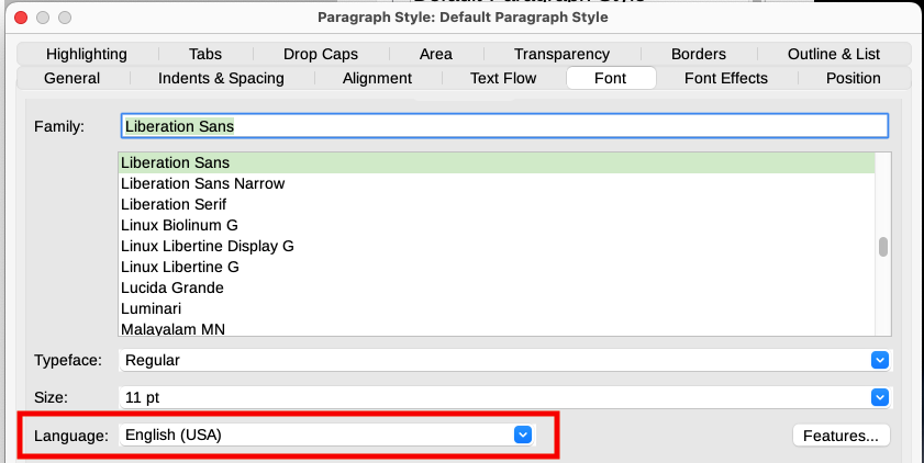 Setting the language for a paragraph style