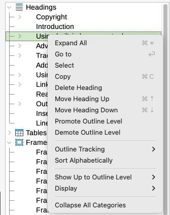 Context menu for headings in the Navigator