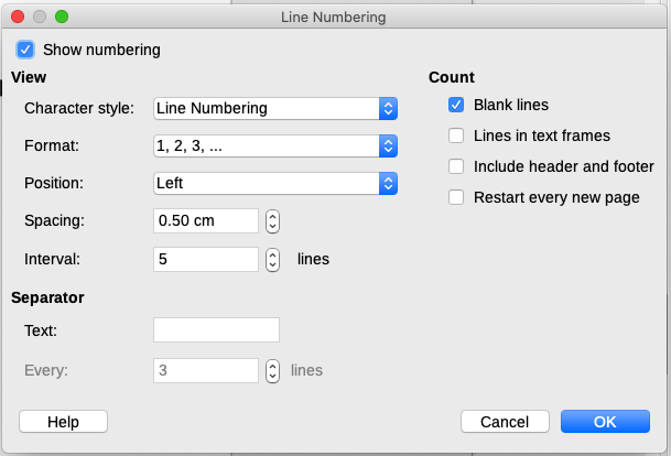 Line Numbering dialog