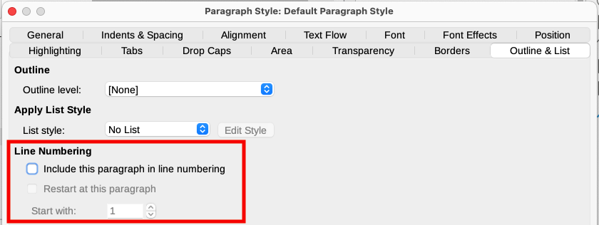 Disabling line numbering for a document