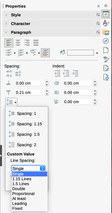 Line spacing submenu