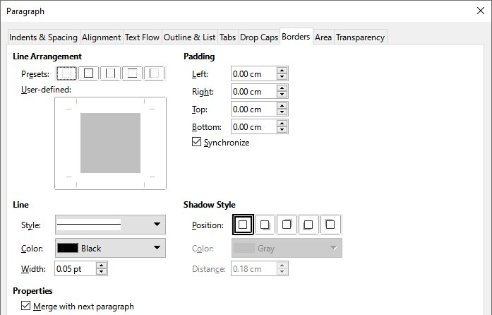 Options for paragraph borders