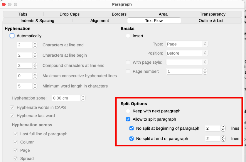 Options for text flow: hyphenation, breaks, and keeping text together