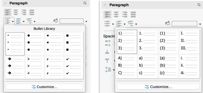 Bullets and Numbering choices on the Properties deck of the Sidebar