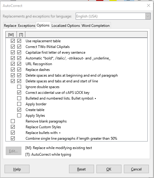 Autoformatting choices on the Options tab