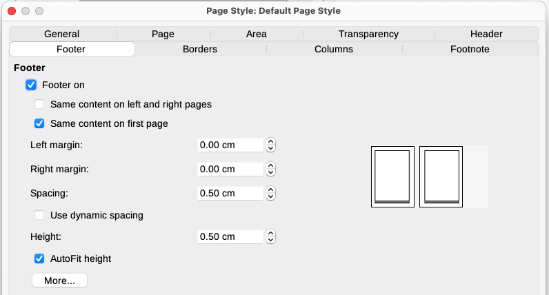 Footer tab of Page Style dialog