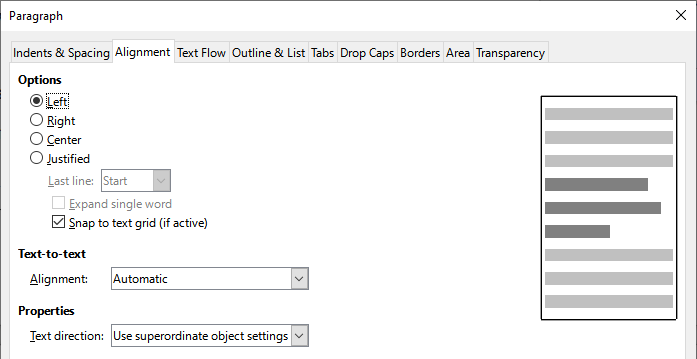 Alignment tab of the Paragraph dialog