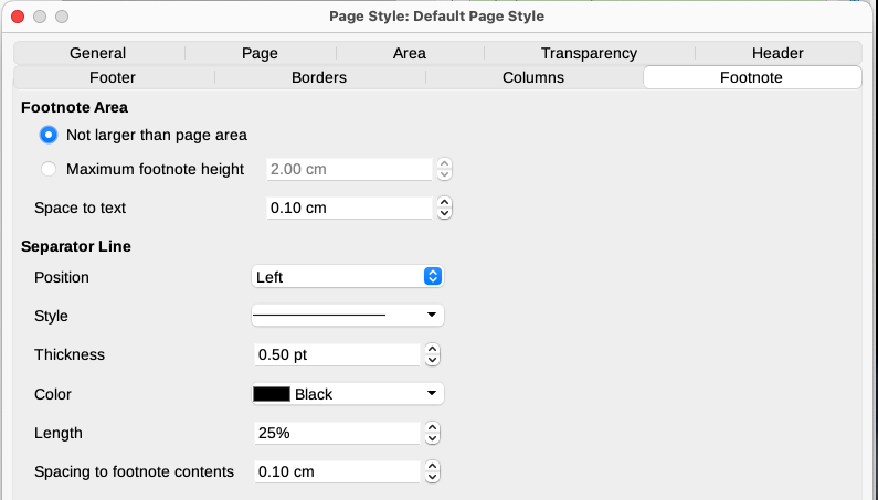 Defining footnote location and separator line