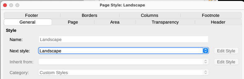 Set the next page style to Landscape