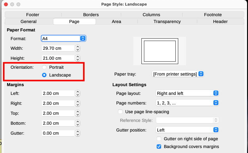 Set orientation and margins for a landscape page