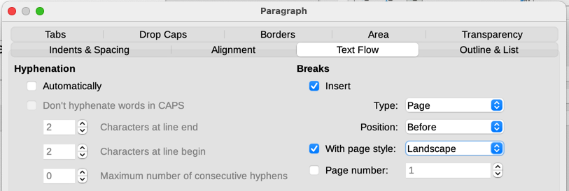 Specifying a page break before a paragraph