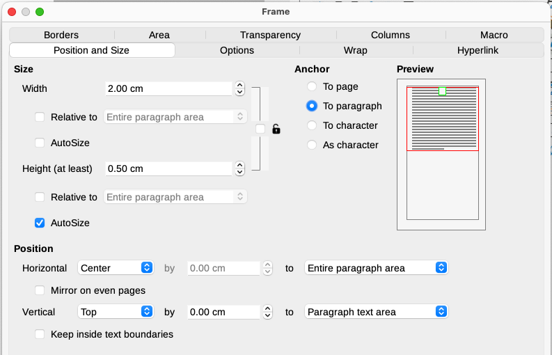 Frame dialog, Position and Size tab