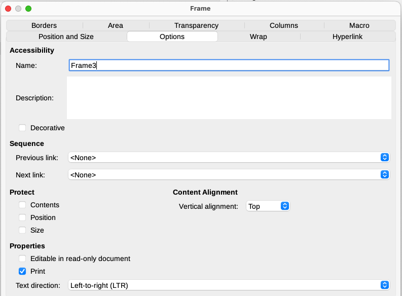 Options tab of the Frame dialog