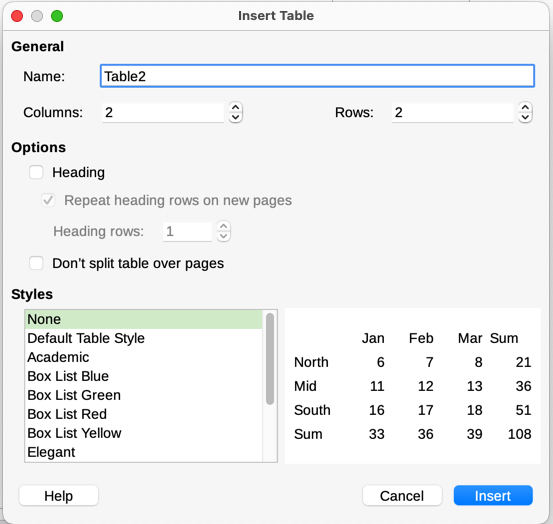 Defining a two-column borderless table with no heading