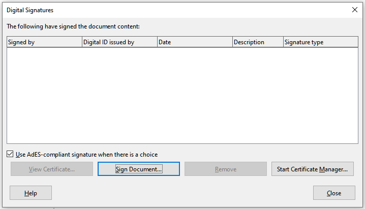 Digital signatures dialog