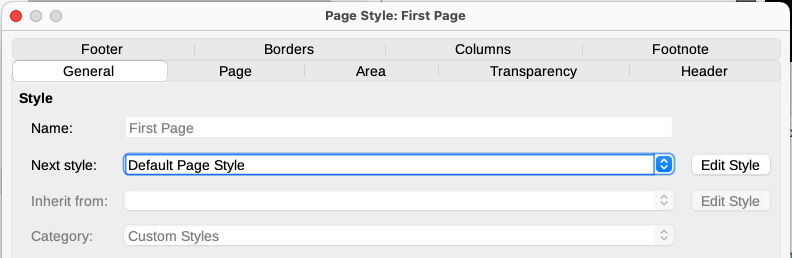 Specifying the next style after the first page of a chapter