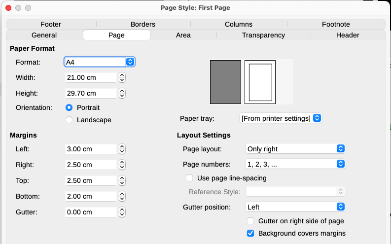 Setting page margins and layout for the First Page style