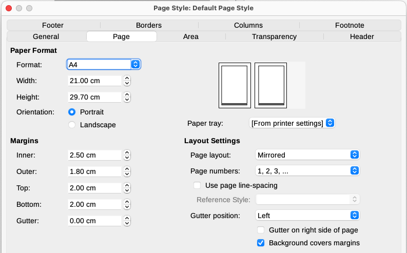 Setting page margins and layout for the Default Page Style