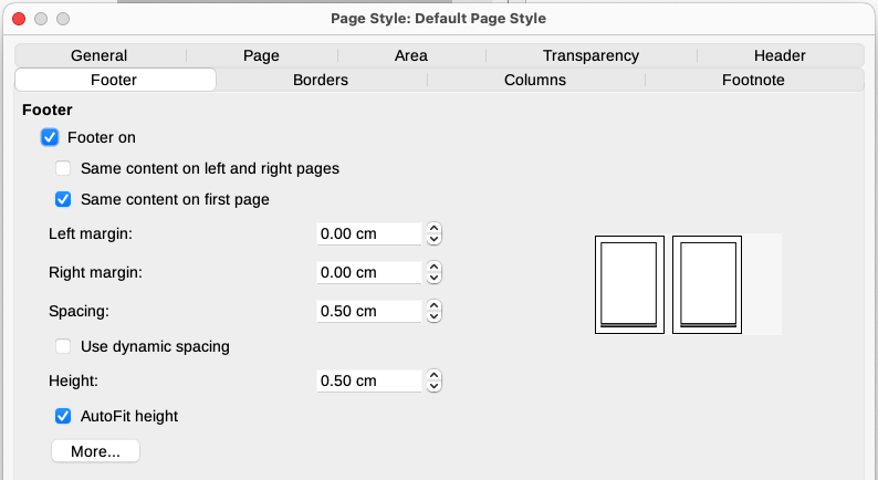 Setting up the header properties for the Default Page Style