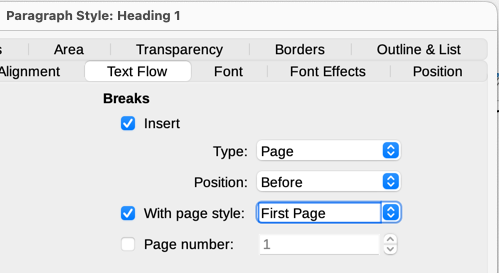 Setting a paragraph style to start on a page of a selected style