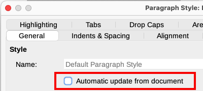 Automatic update option on the General tab of the Paragraph Style dialog