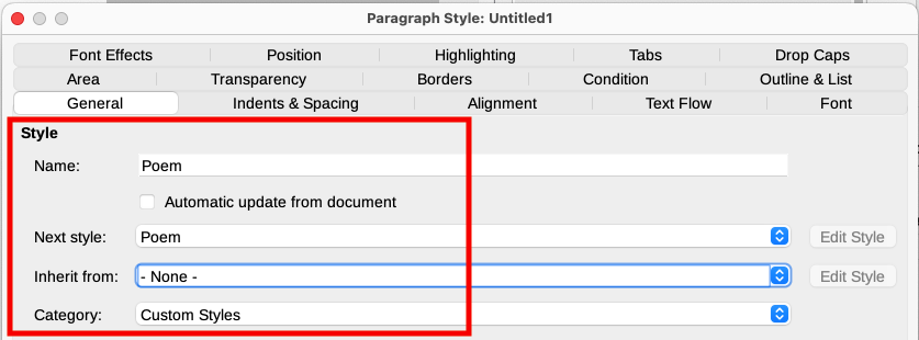 Initial configuration for the Poem style. Set the first three entries as shown.